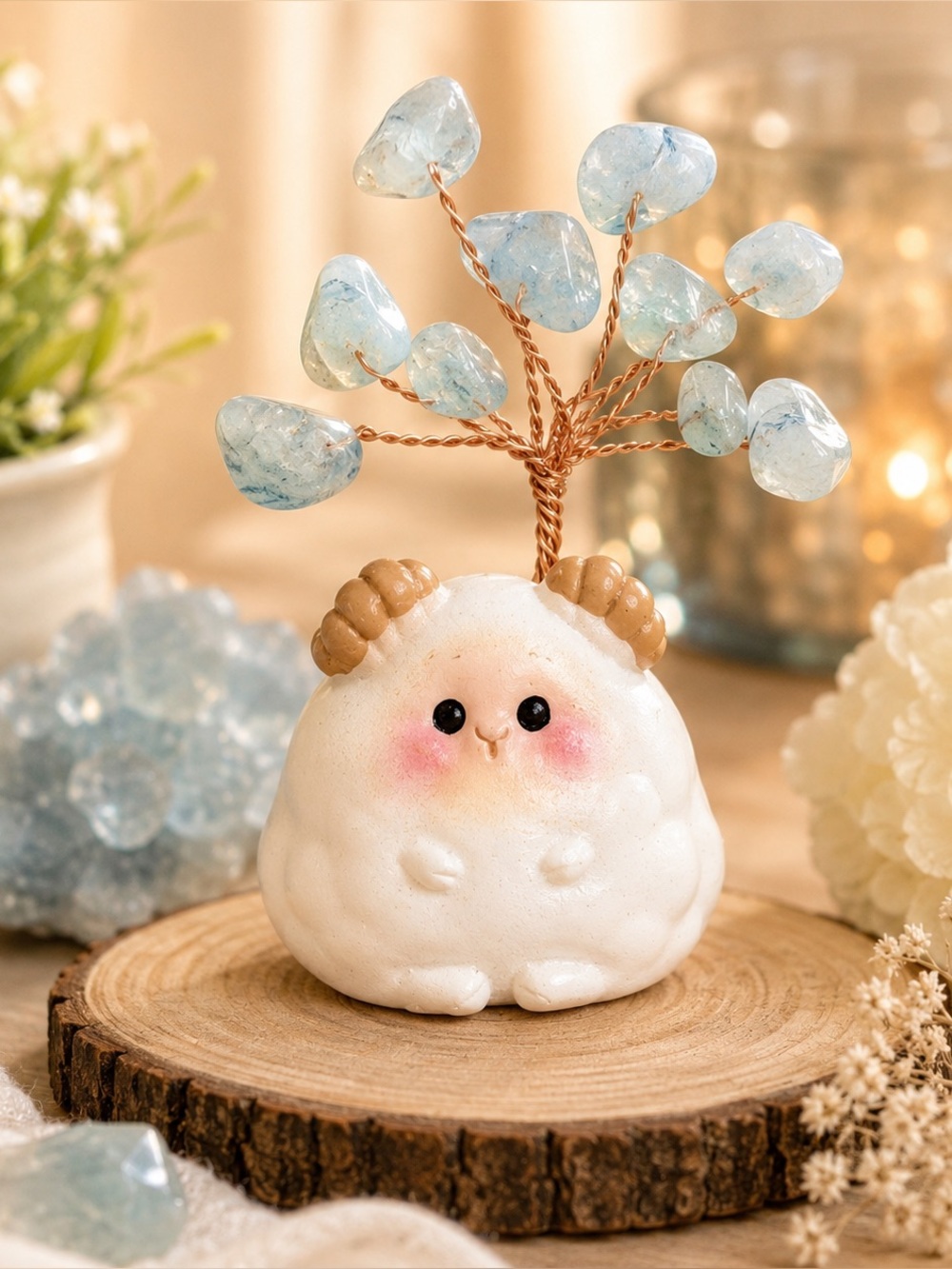 Aquamarine Gemstone Tree Ram Sculpture Mini Figurine Crystal Bonsai Feng Shui